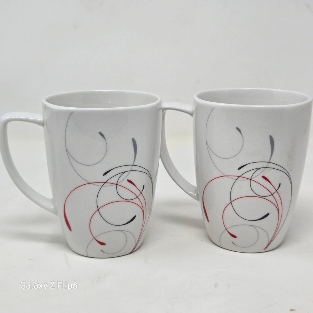 Corelle Coordinates Splendor Porcelain Coffee Mug Set White Red Black Grey Swirl